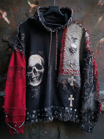 Dark Rock Skull & Crossbones Men's Vintage Patchwork Hoodie
