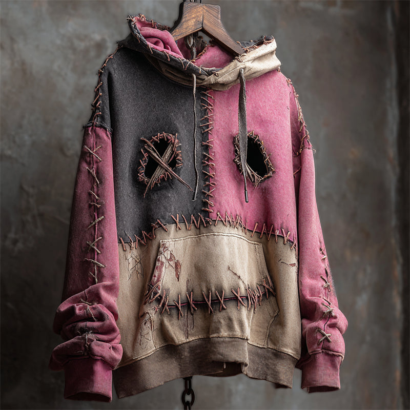 Halloween Stitched Monster Face Colorblock Washed Hoodie