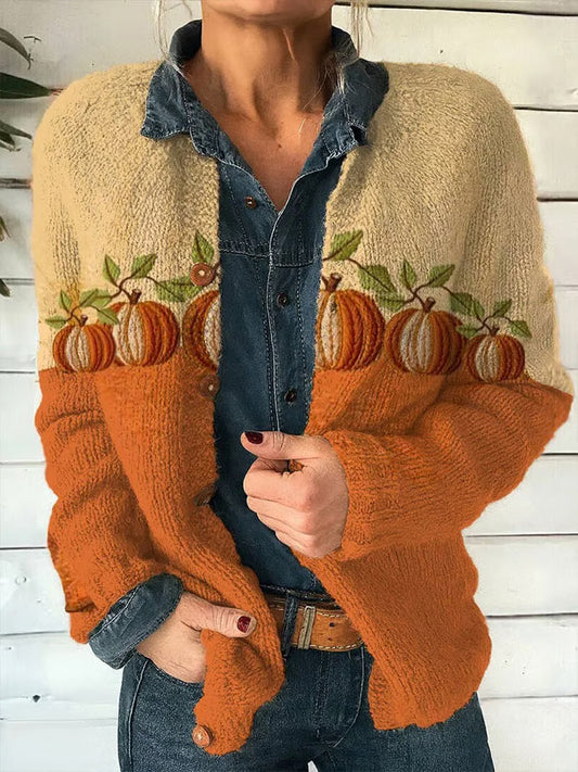 Women's Autumn Pumpkin Print Knit Cardigan