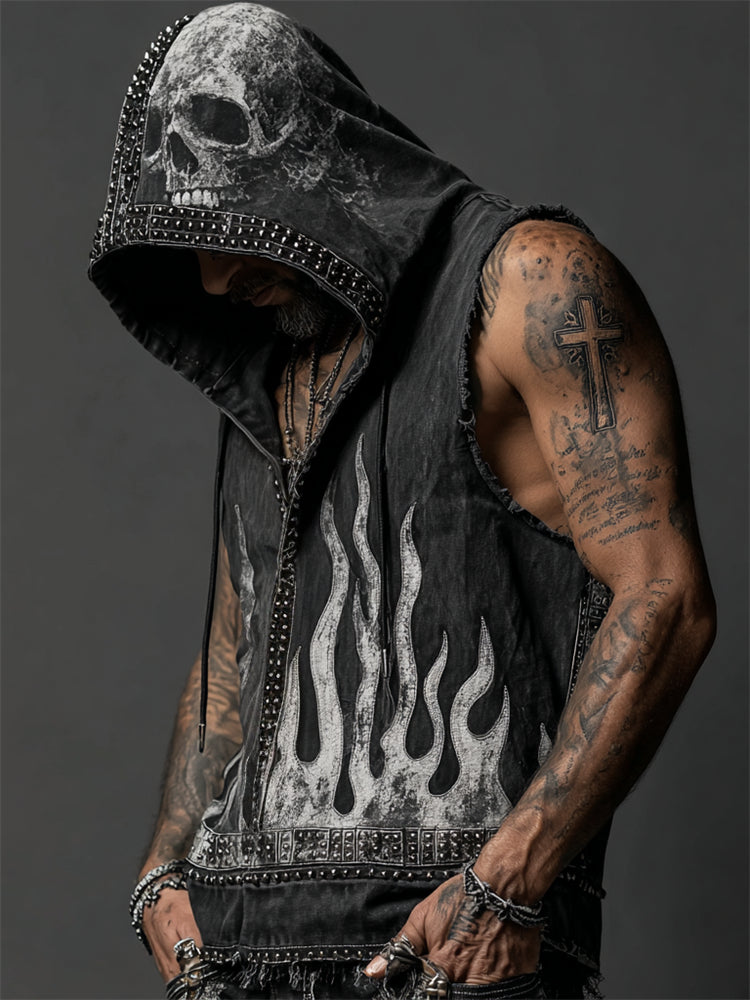 Men's Skull & Flame Rock Studded Hooded Linen Tank