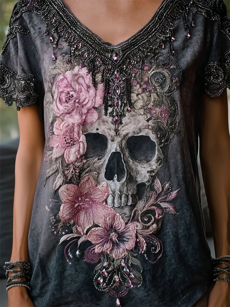 Skull & Pink Flowers Beaded Dyed V Neck T Shirt