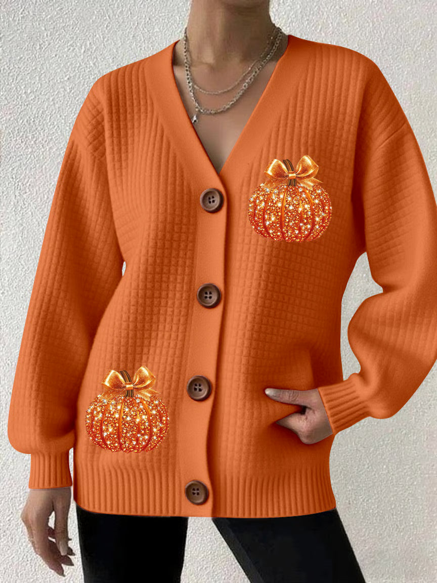 Women's Autumn Sequin Pumpkin Print Checkered Sweatshirt Cardigan