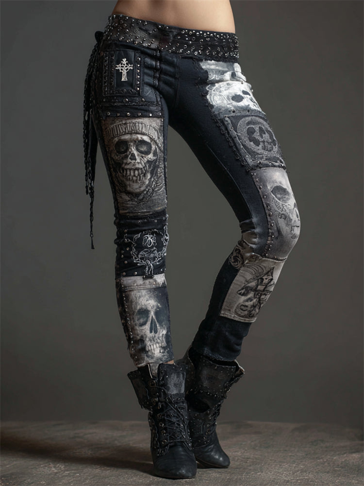 Rock Style Skulls Patchwork Studded Leggings