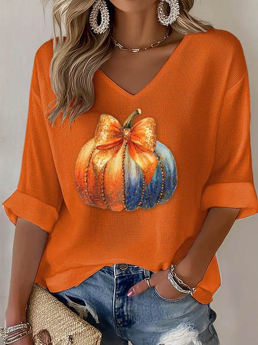 Women's Casual Orange Pumpkin Print Waffle Long-Sleeved T-Shirt