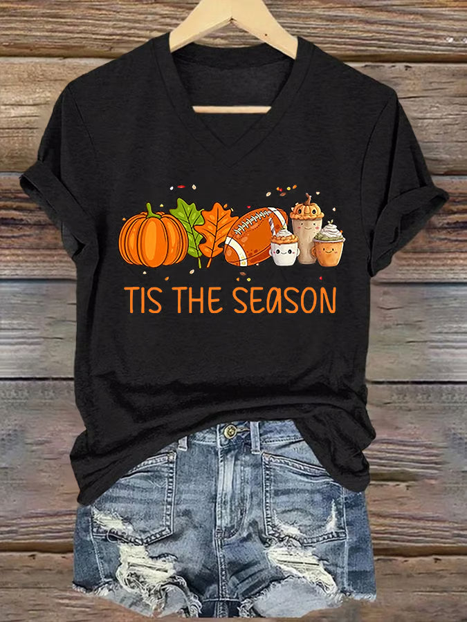V-Neck Retro Tis The Season Pumpkin Spice Latte Pumpkin Maple Leaf Football Print T-Shirt