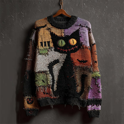 Halloween Black Colorblock Stitched Cozy Knit Sweater