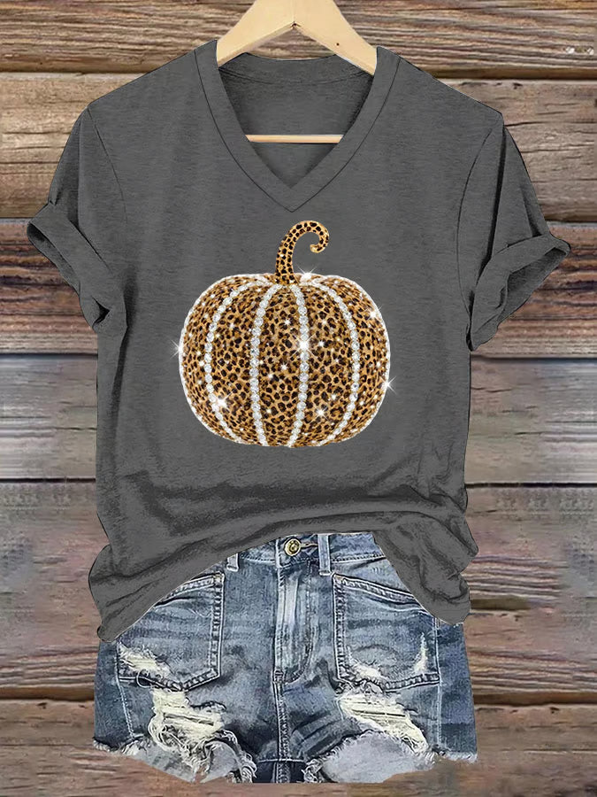 Women's Autumn Rhinestone Pumpkin Print V-Neck Short-Sleeved T-Shirt