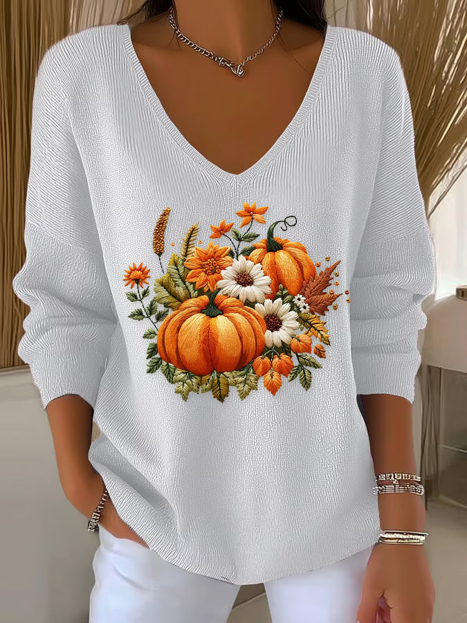 Women's Casual Autumn Pumpkin Striped Long Sleeve T-shirt