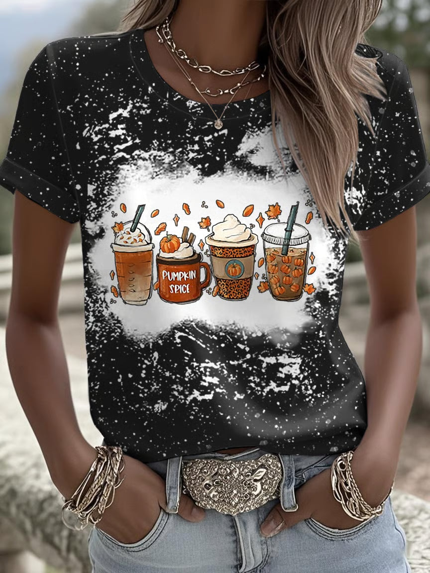 Retro Tie-Dye Fall Pumpkin Spice Latte Pumpkin Maple Leaf Printed Short-Sleeved T-Shirt