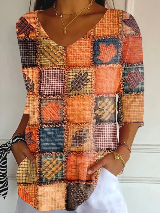 Women's Patchwork Pumpkin Design Print Top