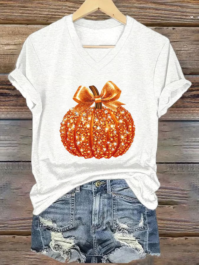 Women's Autumn Sequin Pumpkin Print V-Neck T-Shirt