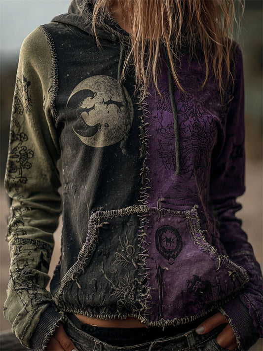 Vintage Halloween Mystical Moon Colorblock Patchwork Hoodie