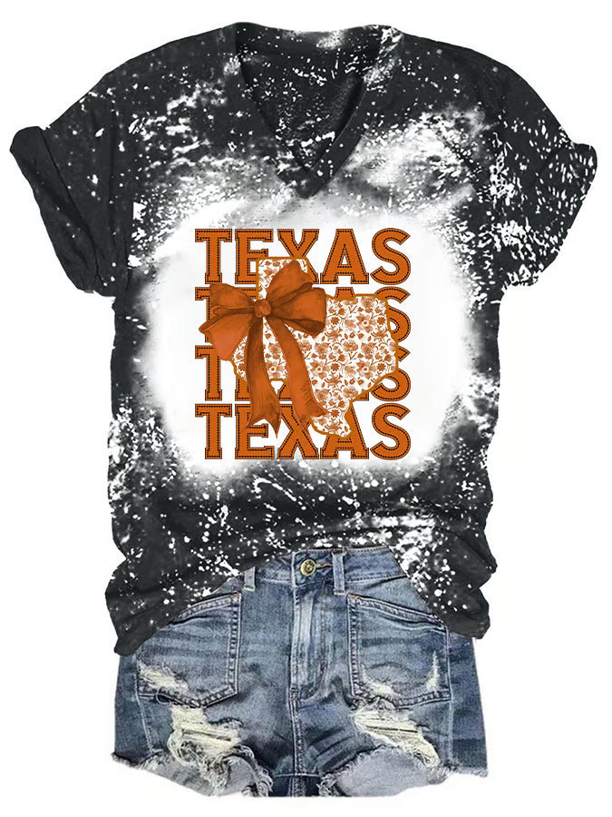 V-Neck Retro Texas Autumn Burnt Orange Coquette Bow Print T-Shirt