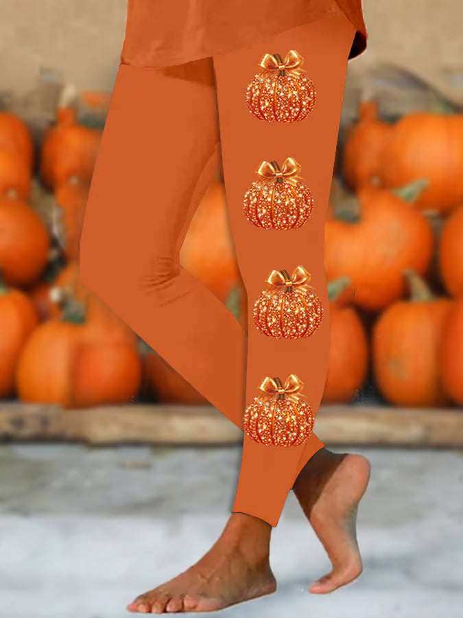 Women's Autumn Sequin Pumpkin Print Skinny High-Stretch Leggings