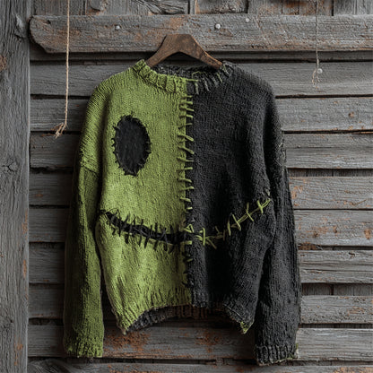 Halloween Spooky Face Contrast Stitched Cozy Knit Sweater