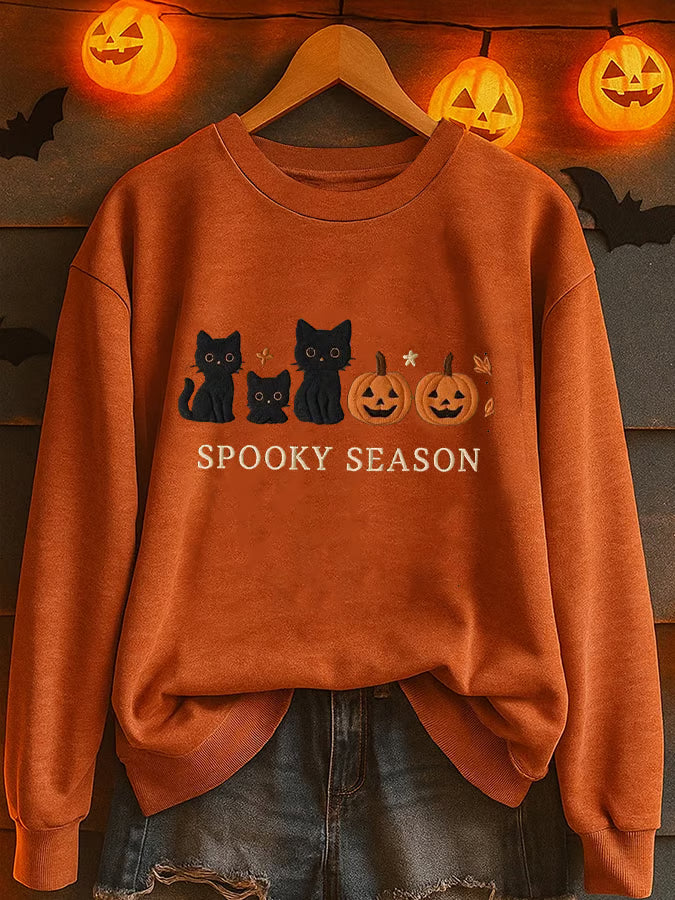 Women'S Casual Halloween Pumpkin Fall Black Cat Print Sweatshirt