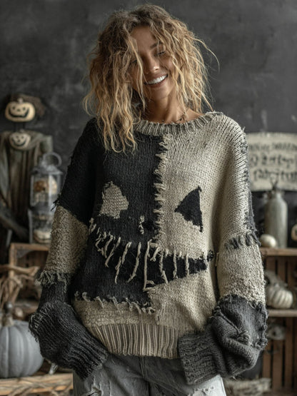 Women's Halloween Pumpkin Face Patchwork Cozy Knit Sweater