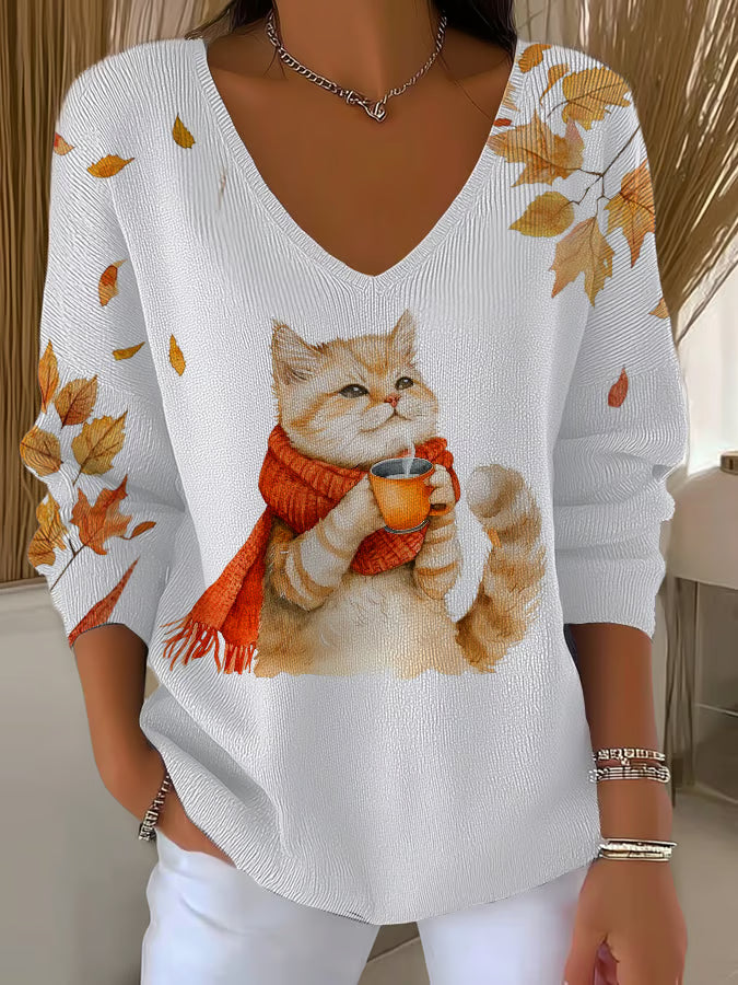 Women's Casual Autumn Animal Cat-Striped Long-Sleeved Top