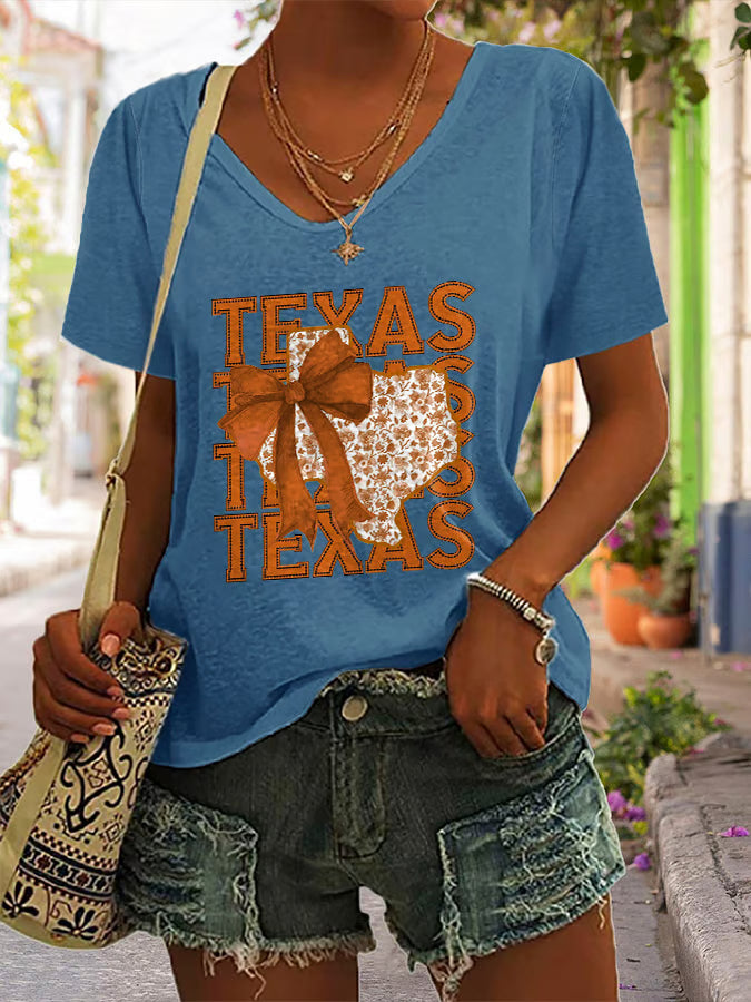 V-Neck Retro Texas Autumn Burnt Orange Coquette Bow Print T-Shirt