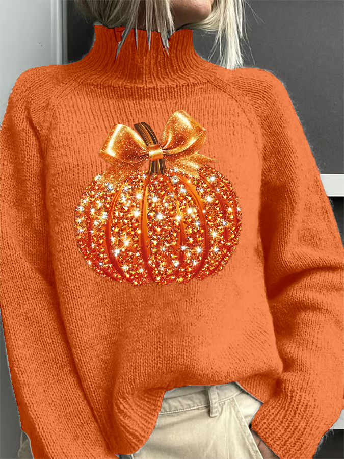 Women's Fall Sequin Pumpkin Turtleneck Sweater
