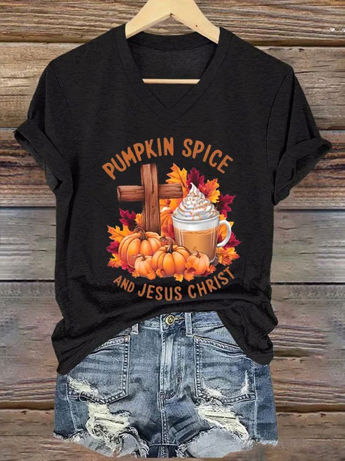 Women's Pumpkin Spice & Jesus Christ Print T-Shirt