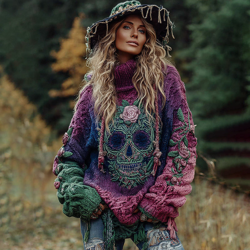 Women's Viking Tribal Jacquard Celtic With Rose And Skull Inspired Chunky Knit Turtleneck Sweater
