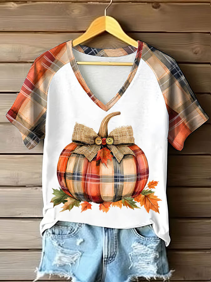 Women's Pumpkin Season Print V Neck T-Shirt