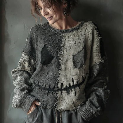 Halloween Spooky Face Sewn Knitted Crew Neck Sweater
