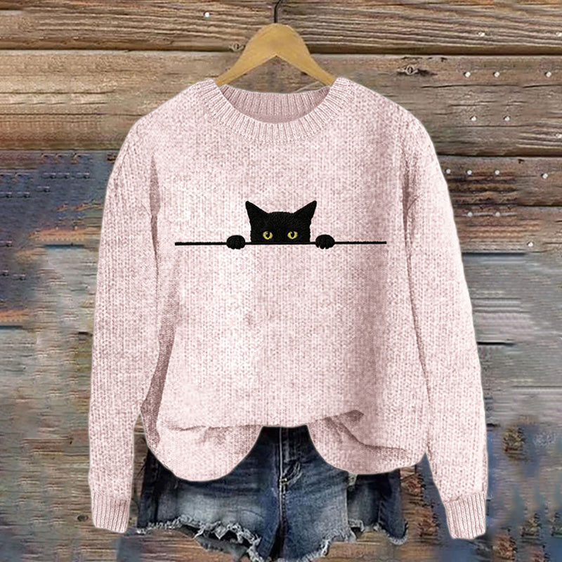 Women's Casual Funny Black Cat Print Sweater