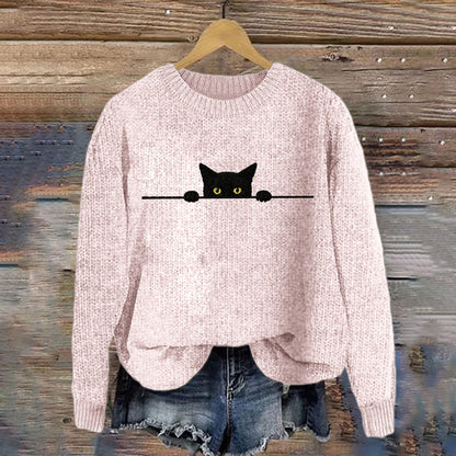 Women's Casual Funny Black Cat Print Sweater