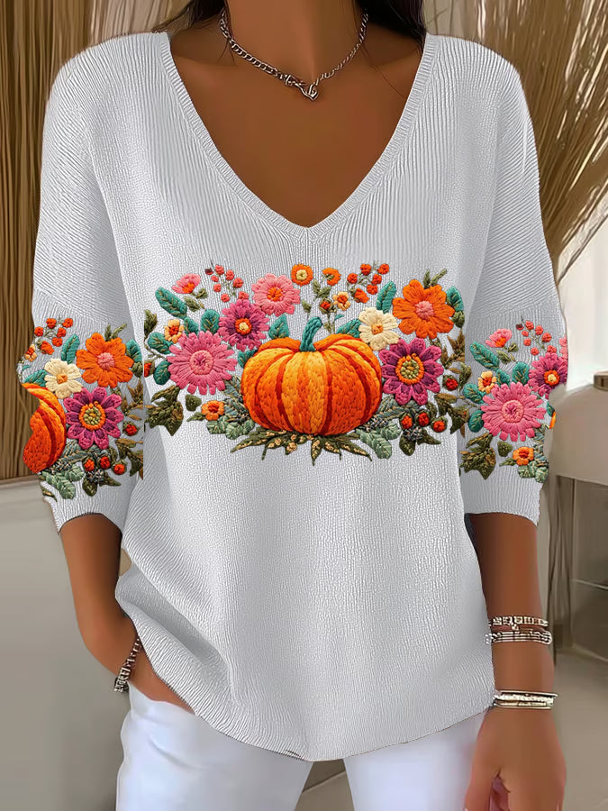 Women's  Pumpkin Print Casual Striped Fabric Long Sleeve T-shirt