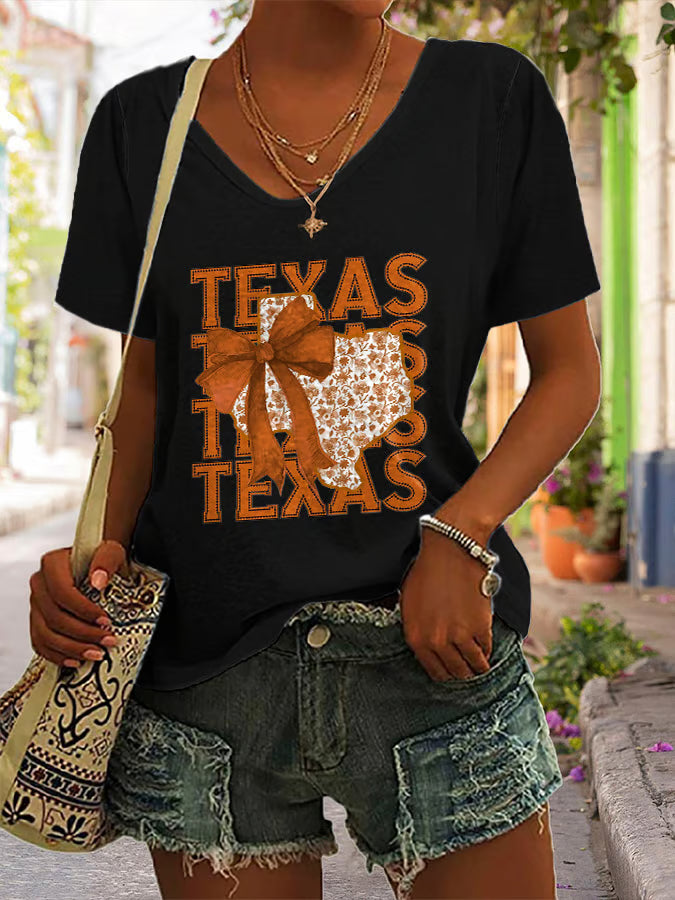 V-Neck Retro Texas Autumn Burnt Orange Coquette Bow Print T-Shirt