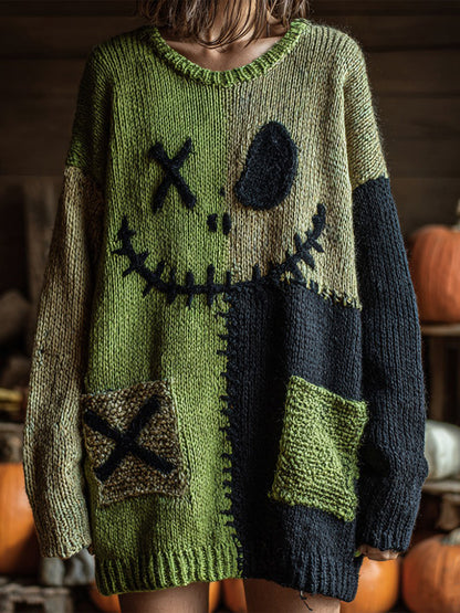 Halloween Spooky Face Contrast Stitching Comfortable Round Neck Knitted Sweater Dress