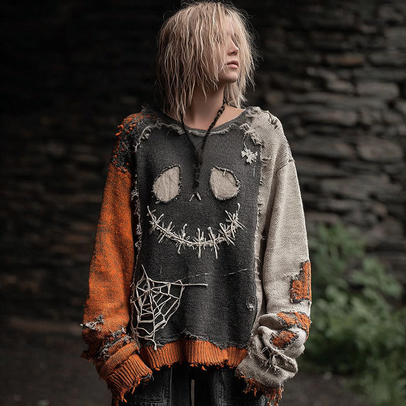 Halloween Spooky Face Patchwork Design Cozy Knit Sweater