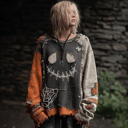 Halloween Spooky Face Patchwork Design Cozy Knit Sweater