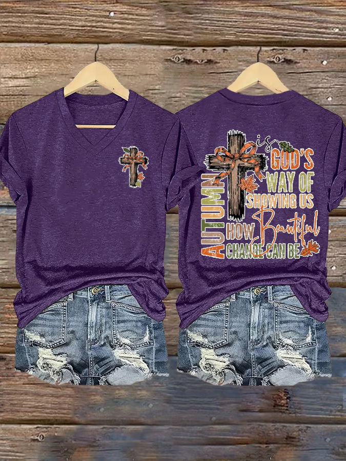 Women's Faith Fall is God's Way Of Showing Us How Beautiful Change Can Be Printed Short Sleeve T-Shirt