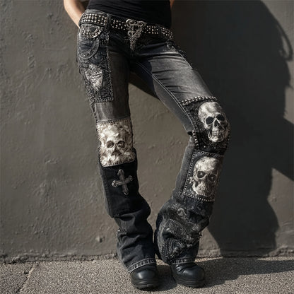 Rock Style Skulls & Cross Studded Patchwork Bootcut Jeans