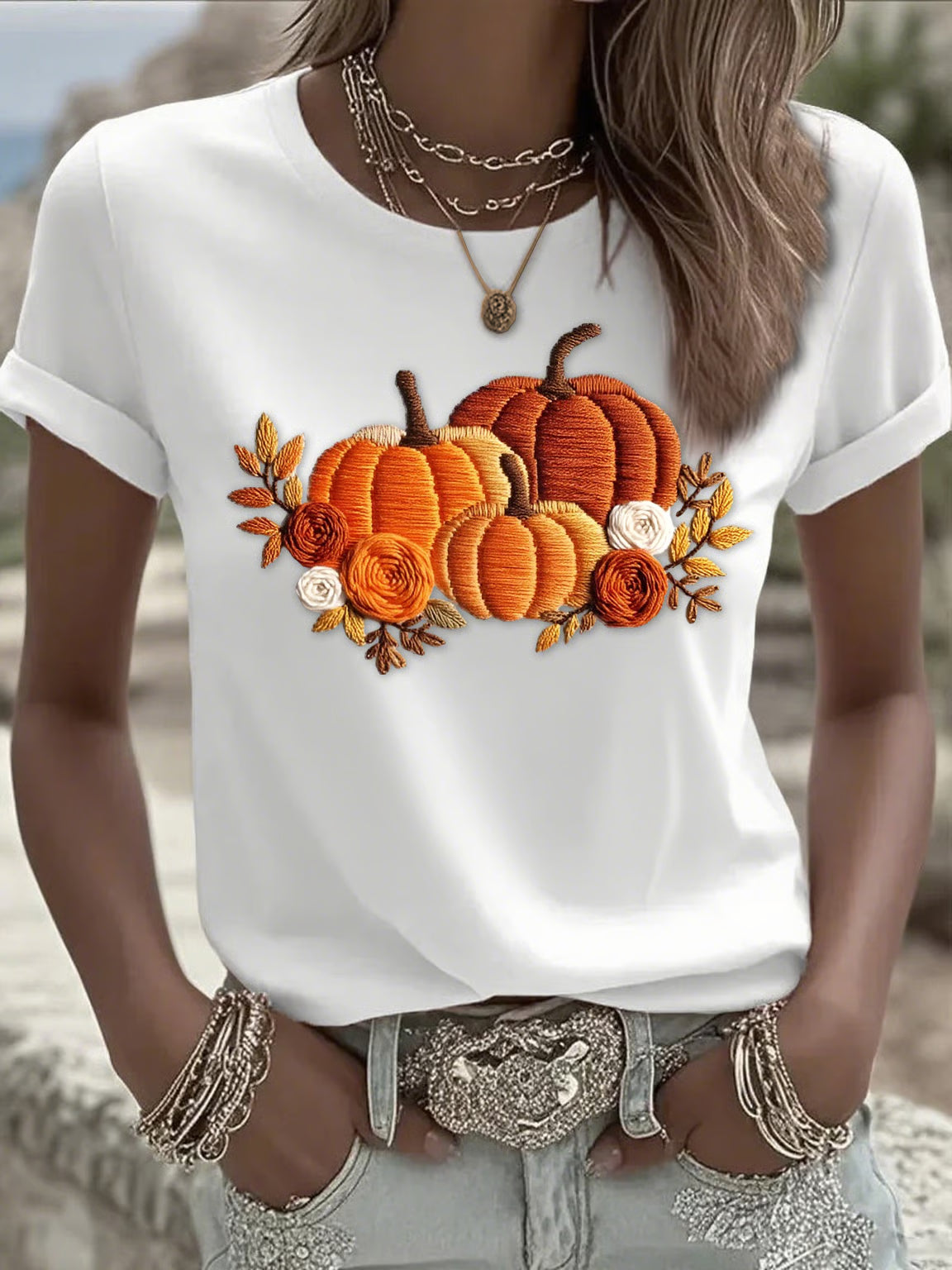 Women's Casual Orange Pumpkin Print T-Shirt