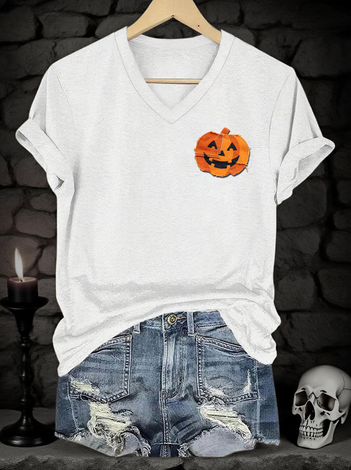 Women's Halloween Denim Patchwork Pumpkin Face Print V-Neck Short Sleeve T-Shirt