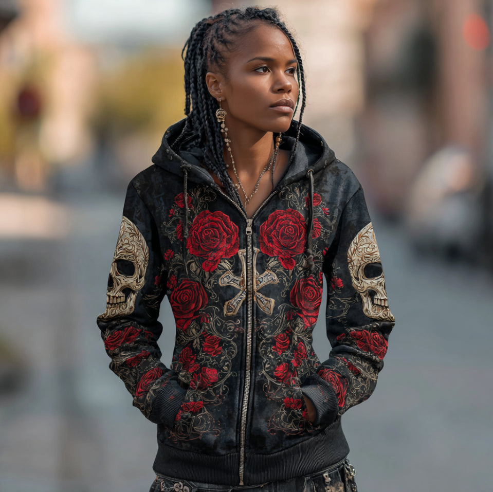 Halloween Dark Retro Lady Skeleton And Red Rose Pattern Printed Long Sleeve Hooded Sweatshirt Jacket