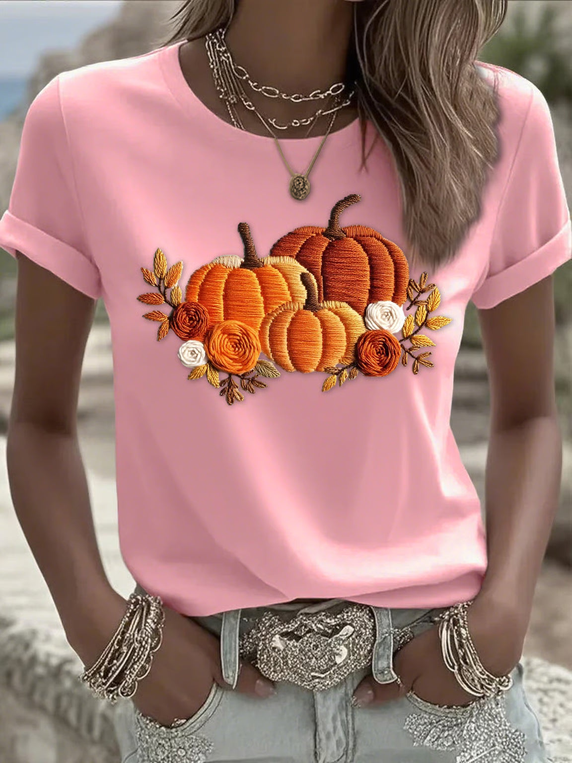 Women's Casual Orange Pumpkin Print T-Shirt