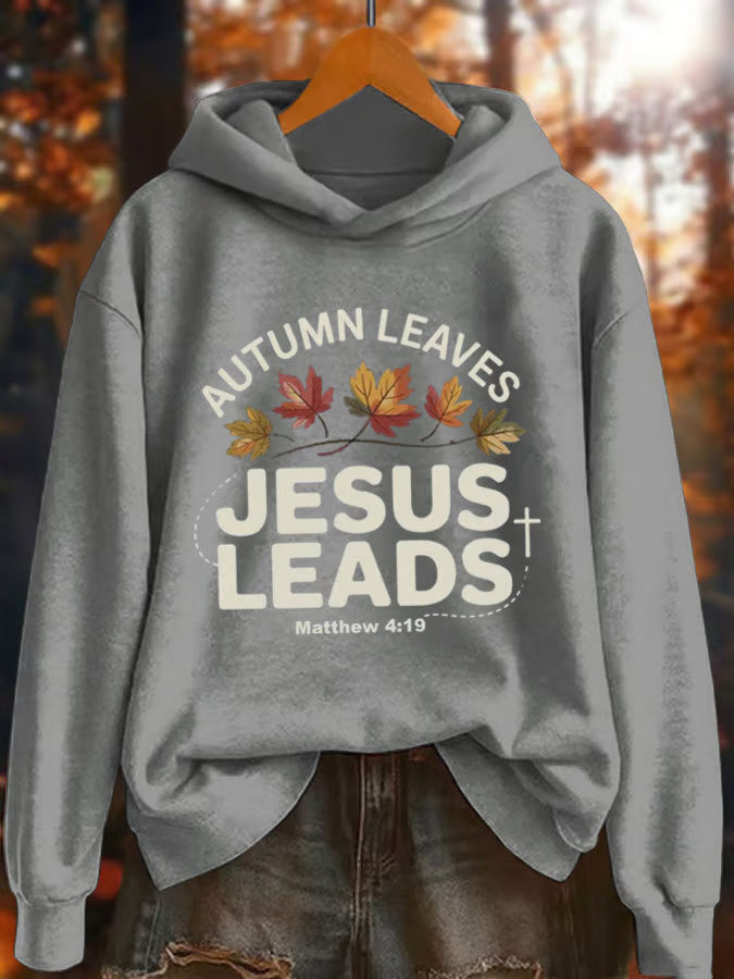 Women's Autumn Leaves Jesus Leads Printed Hoodie