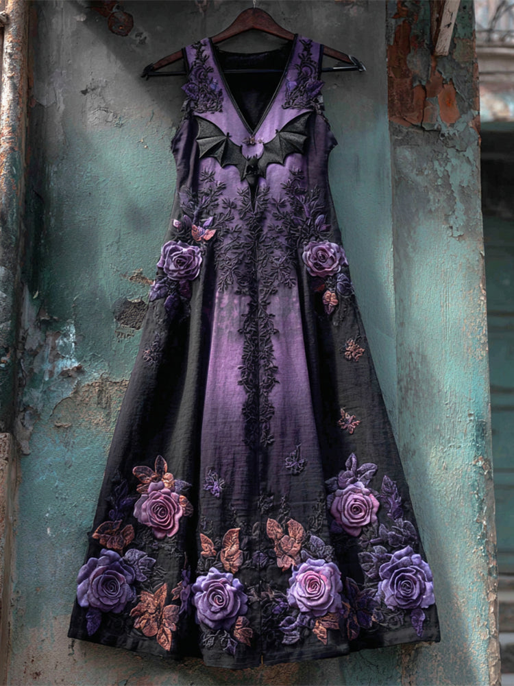 Halloween Bat & Dark Rose Gothic Women's Vest Midi Dress