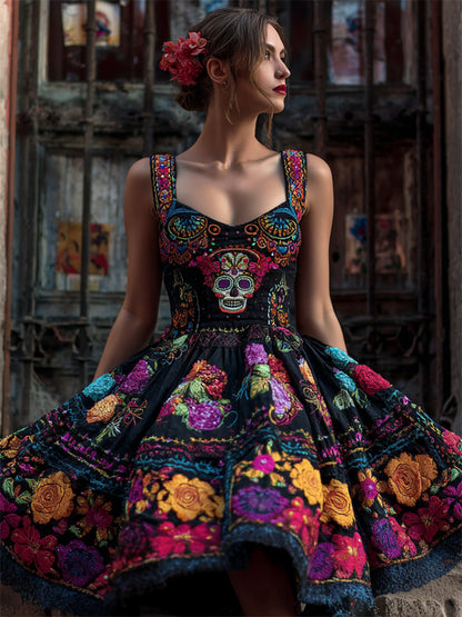 Day Of The Dead Sugar Skull Glitter Floral Embroidered Linen Dress