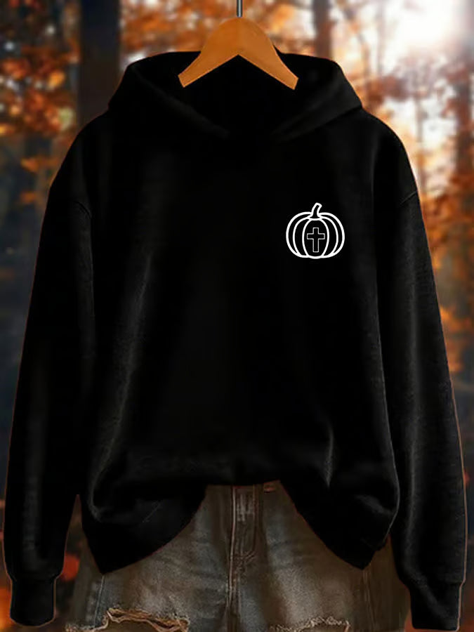 Women's Autumn Pumpkin Cross Print Hoodie