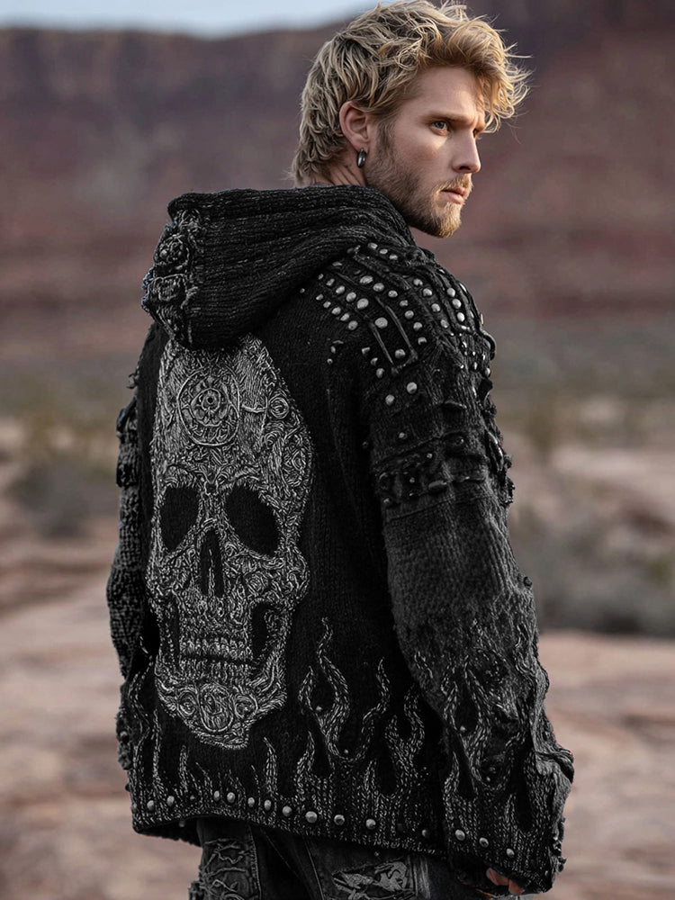 Men's Dark Style Skull And Flame Inspired Knitted Cozy Zipper Up Hooded Cardigan