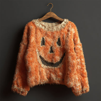 Halloween Pumpkin Face Stitched Cozy Fuzzy Knit Sweater