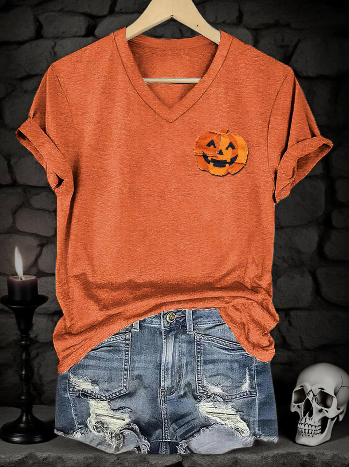 Women's Halloween Denim Patchwork Pumpkin Face Print V-Neck Short Sleeve T-Shirt