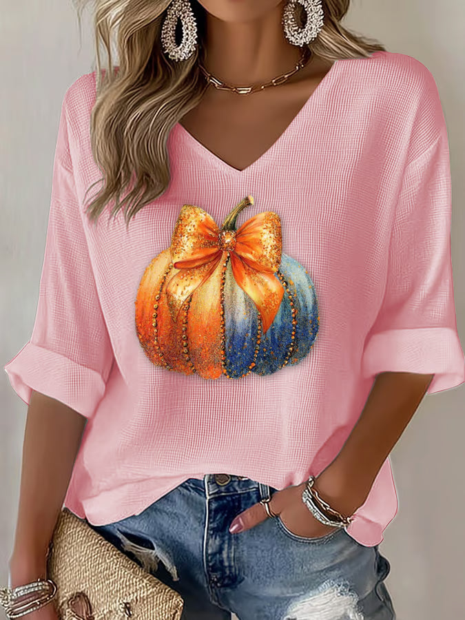 Women's Casual Orange Pumpkin Print Waffle Long-Sleeved T-Shirt