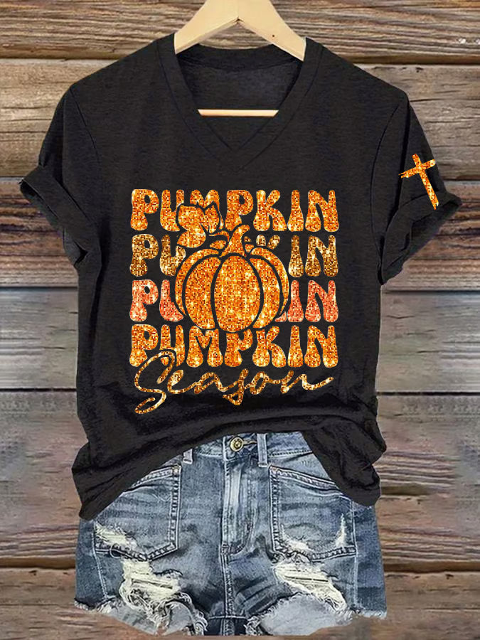 Women's Pumpkin Season Print Short Sleeve T-Shirt